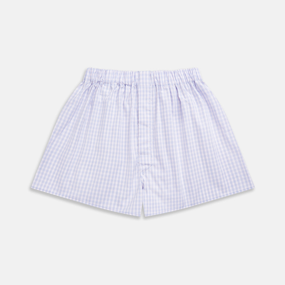Lilac multi check cotton Godfrey boxer shorts by Turnbull & Asser, featuring an elastic waistband and classic style—a luxurious underwear choice, shown on a plain white background.