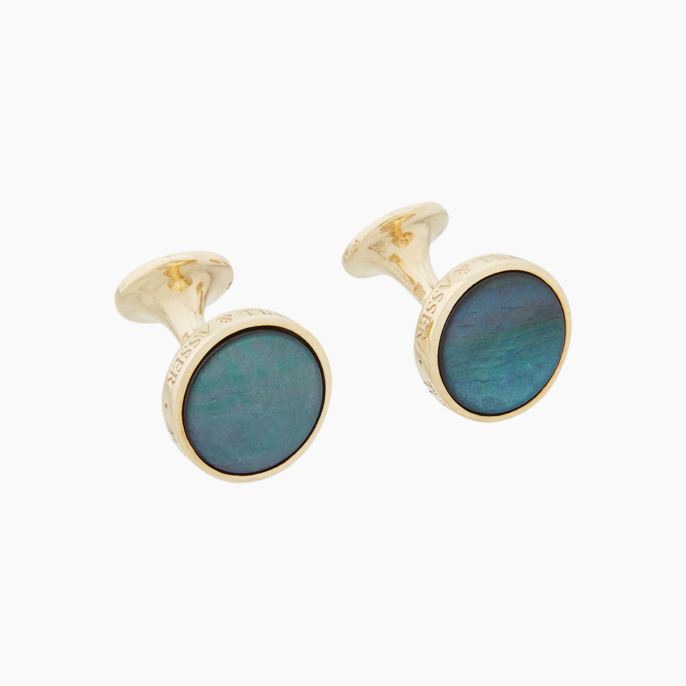 Turnbull & Asser's Gold and Navy Mother of Pearl Cufflinks feature iridescent blue-green stone inlays—ideal for enhancing any double cuff shirt—shown on a plain white background.