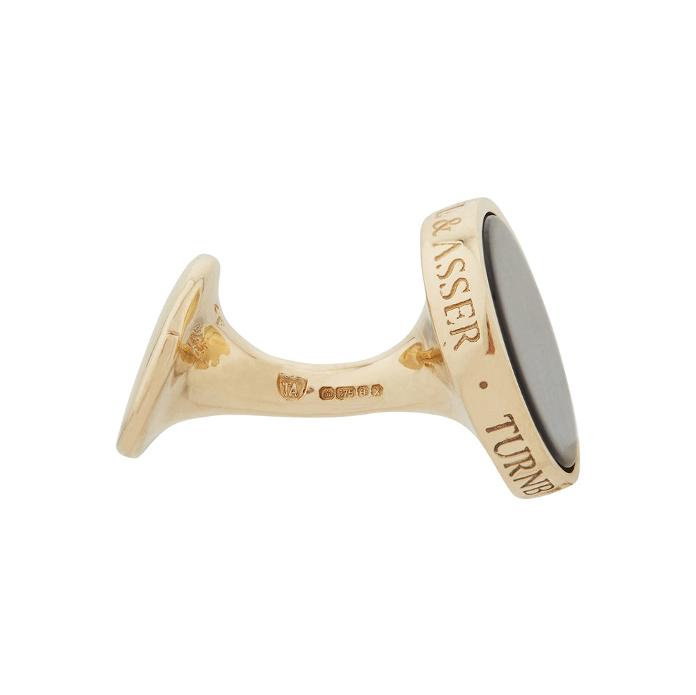 Turnbull & Asser's Gold and Navy Mother of Pearl Cufflinks feature iridescent blue-green stone inlays—ideal for enhancing any double cuff shirt—shown on a plain white background.