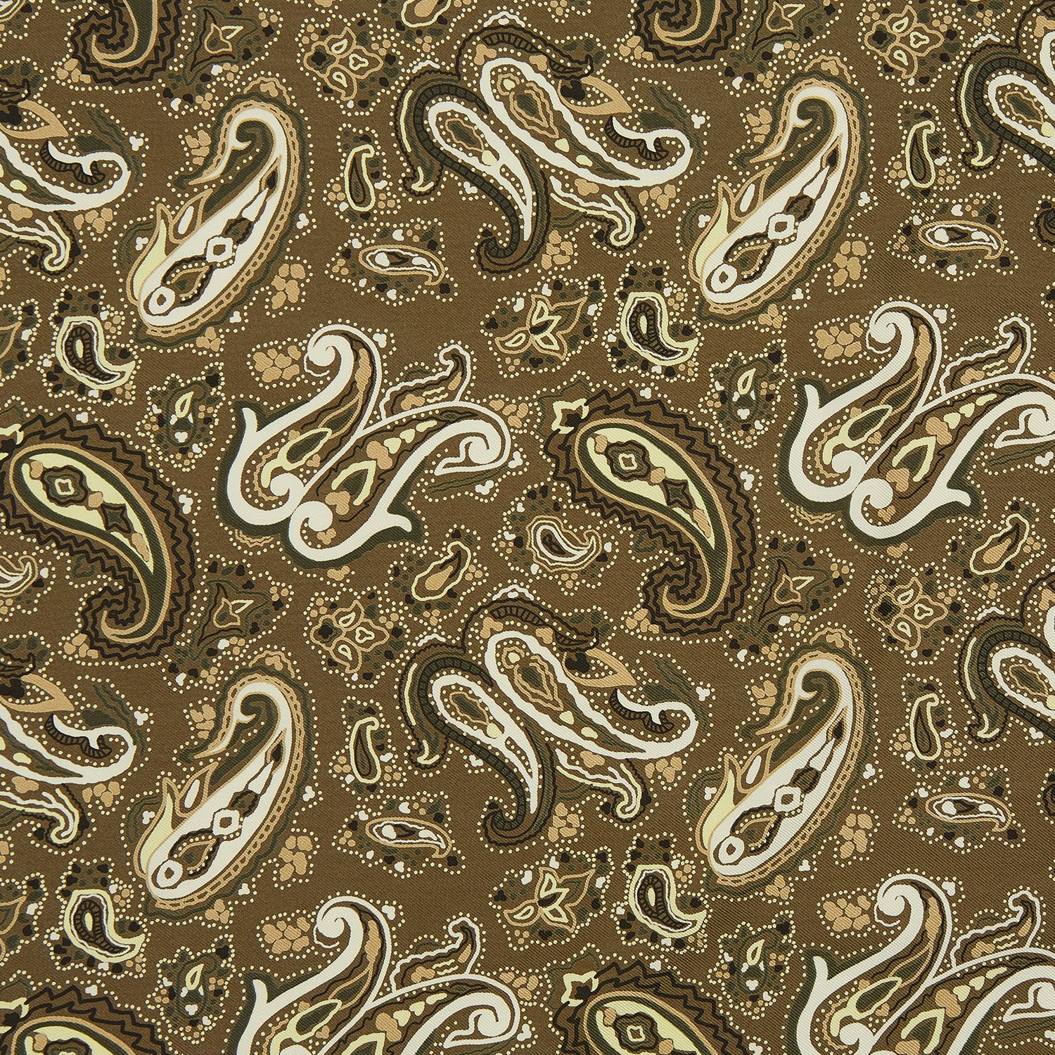 View 2 of product A green and lemon silk pocket square featuring a blossoming paisley pattern with a solid edge. “Turnbull & Asser” is inscribed in one corner; expertly crafted in England.