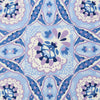 View 3 of product The Pale Blue and Lilac Baroque Silk Pocket Square by Turnbull & Asser features intricate geometric and floral patterns in blue, lilac, and white with a floral border and the brand name printed in one corner.