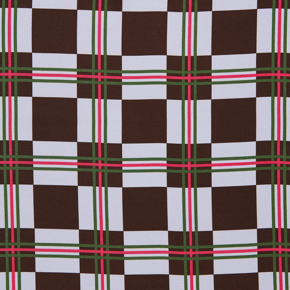 The Turnbull & Asser Green and Red Checked Chess Board Silk Pocket Square features brown, green, red, and white stripes with a thin green border and the brand's name in the bottom right corner.
