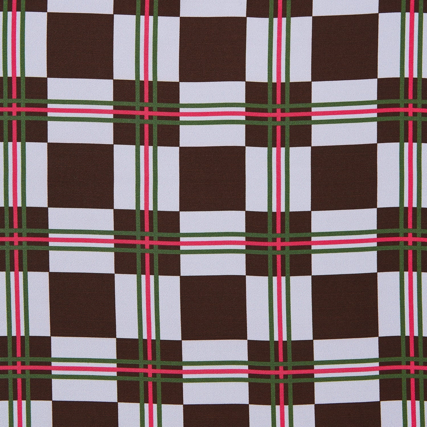 View 2 of product The Turnbull & Asser Green and Red Checked Chess Board Silk Pocket Square features brown, green, red, and white stripes with a thin green border and the brand's name in the bottom right corner.