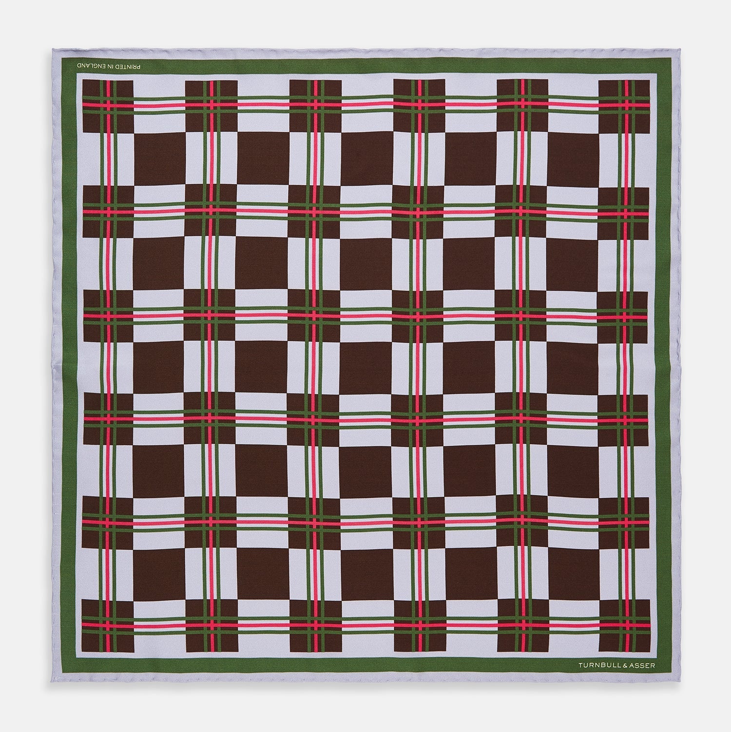 View 1 of product The Turnbull & Asser Green and Red Checked Chess Board Silk Pocket Square features brown, green, red, and white stripes with a thin green border and the brand's name in the bottom right corner.
