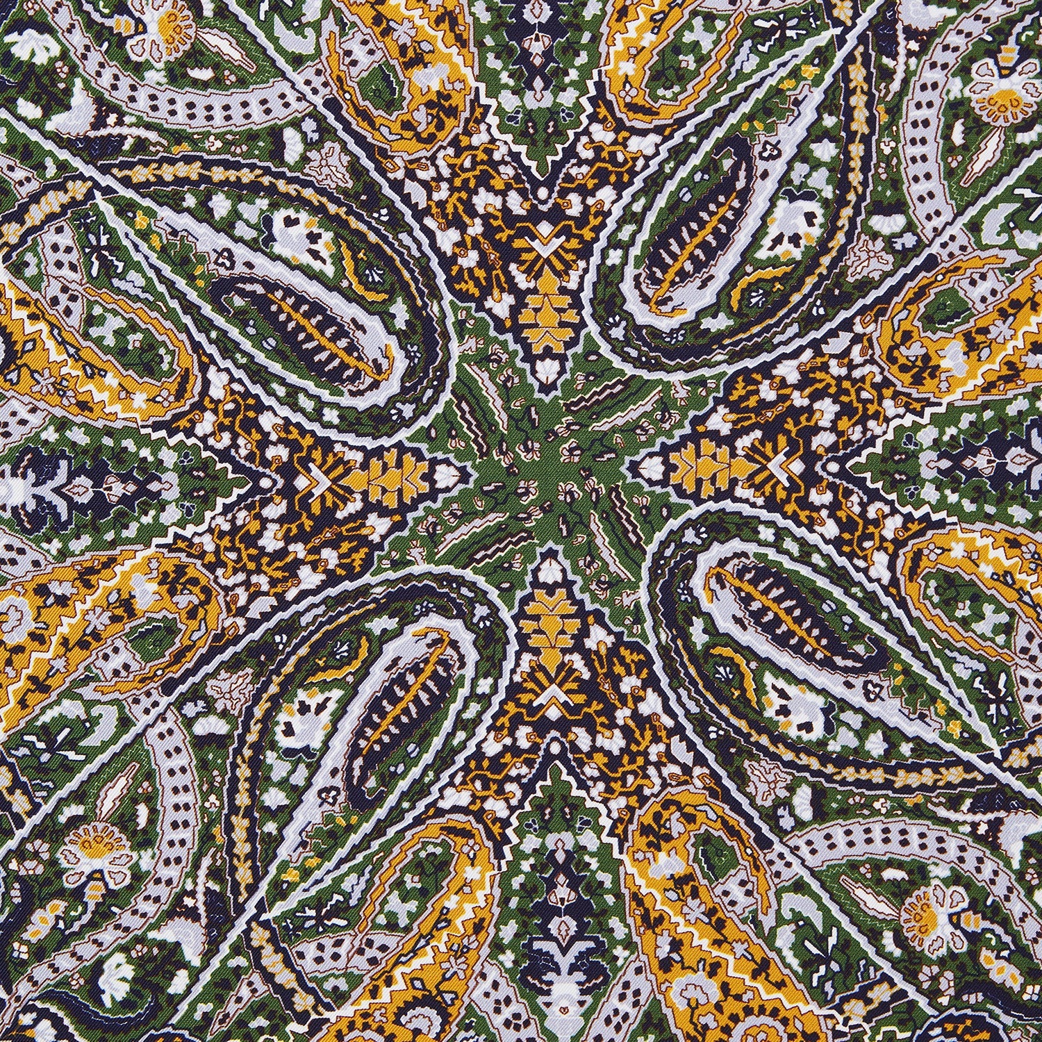 View 2 of product The Turnbull & Asser Lavender and Green Abstract Paisley Silk Pocket Square features a refined paisley design and is made in England.