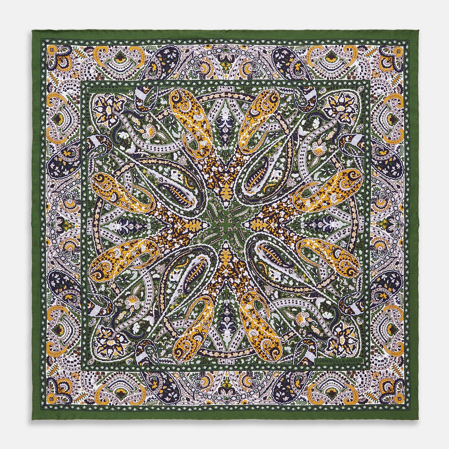 View 1 of product The Turnbull & Asser Lavender and Green Abstract Paisley Silk Pocket Square features a refined paisley design and is made in England.