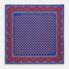 View 1 of product The Blue and Red Paisley Tiles Silk Pocket Square by Turnbull & Asser features a blue background, red and white paisley border, central repeating circular patterns, and “Turnbull & Asser” in one corner. Made in England.