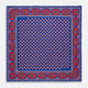 The Blue and Red Paisley Tiles Silk Pocket Square by Turnbull & Asser features a blue background, red and white paisley border, central repeating circular patterns, and “Turnbull & Asser” in one corner. Made in England.