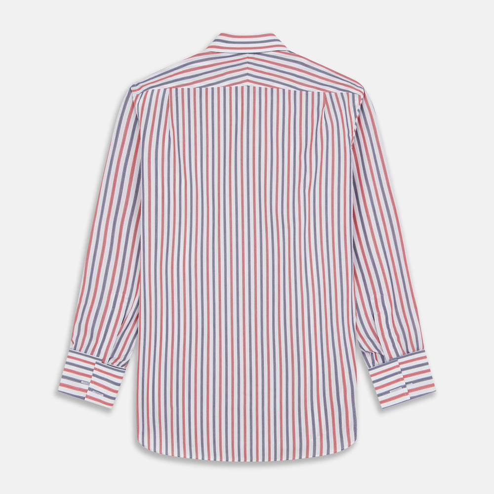 The Turnbull & Asser Red and Blue Stripe Cotton Regular Fit Whitby Shirt is a long-sleeve button-up featuring vibrant red and blue stripes on white, with a collar and buttoned cuffs, shown on a plain white surface.