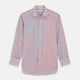 The Turnbull & Asser Red and Blue Stripe Cotton Regular Fit Whitby Shirt is a long-sleeve button-up featuring vibrant red and blue stripes on white, with a collar and buttoned cuffs, shown on a plain white surface.