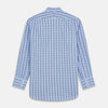 View 5 of product The Turnbull & Asser Light Blue and Navy Check Cotton Regular Fit Mayfair Shirt features a T&A collar and button-up long sleeves, displayed laid flat on a white background.