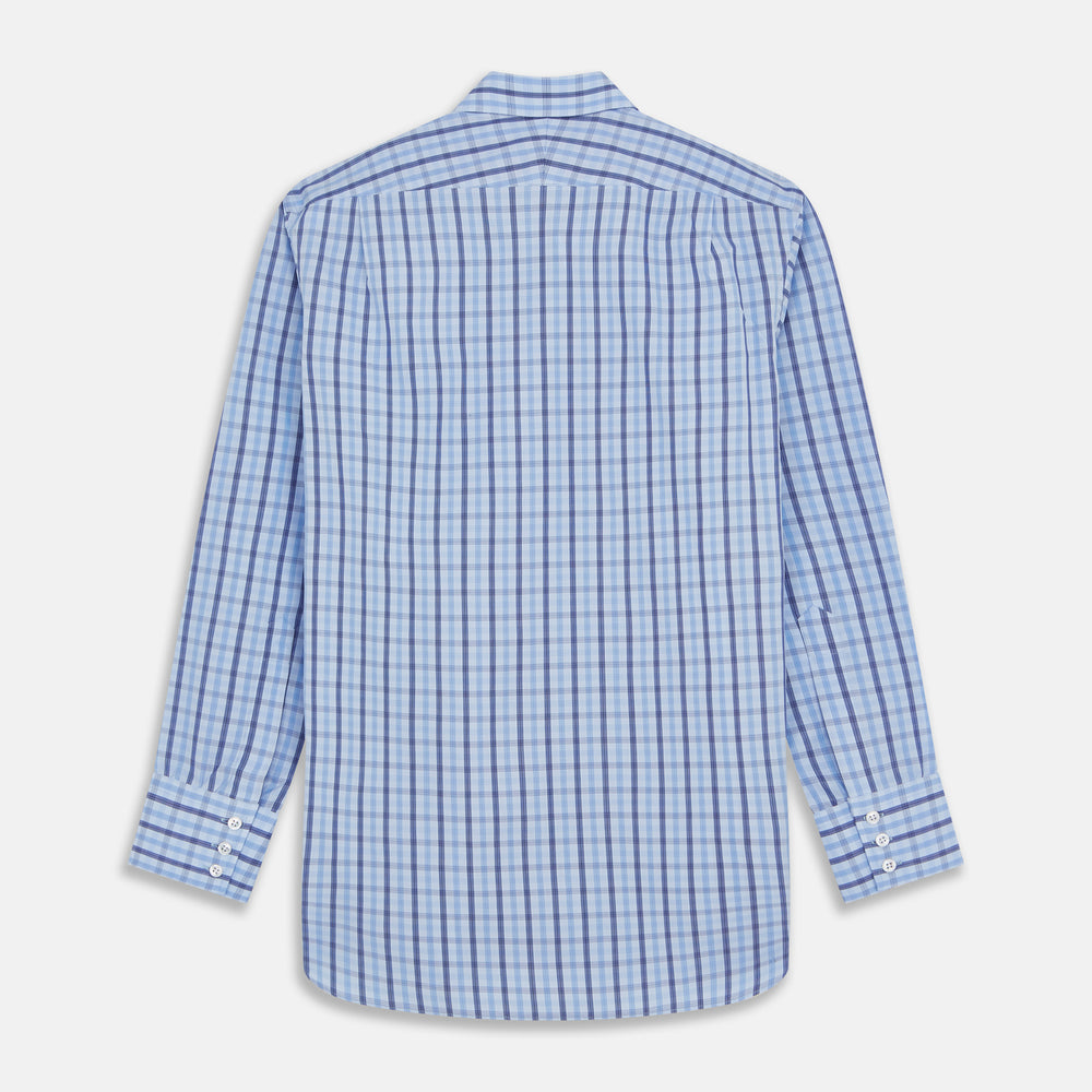 The Turnbull & Asser Light Blue and Navy Check Cotton Regular Fit Mayfair Shirt features a T&A collar and button-up long sleeves, displayed laid flat on a white background.