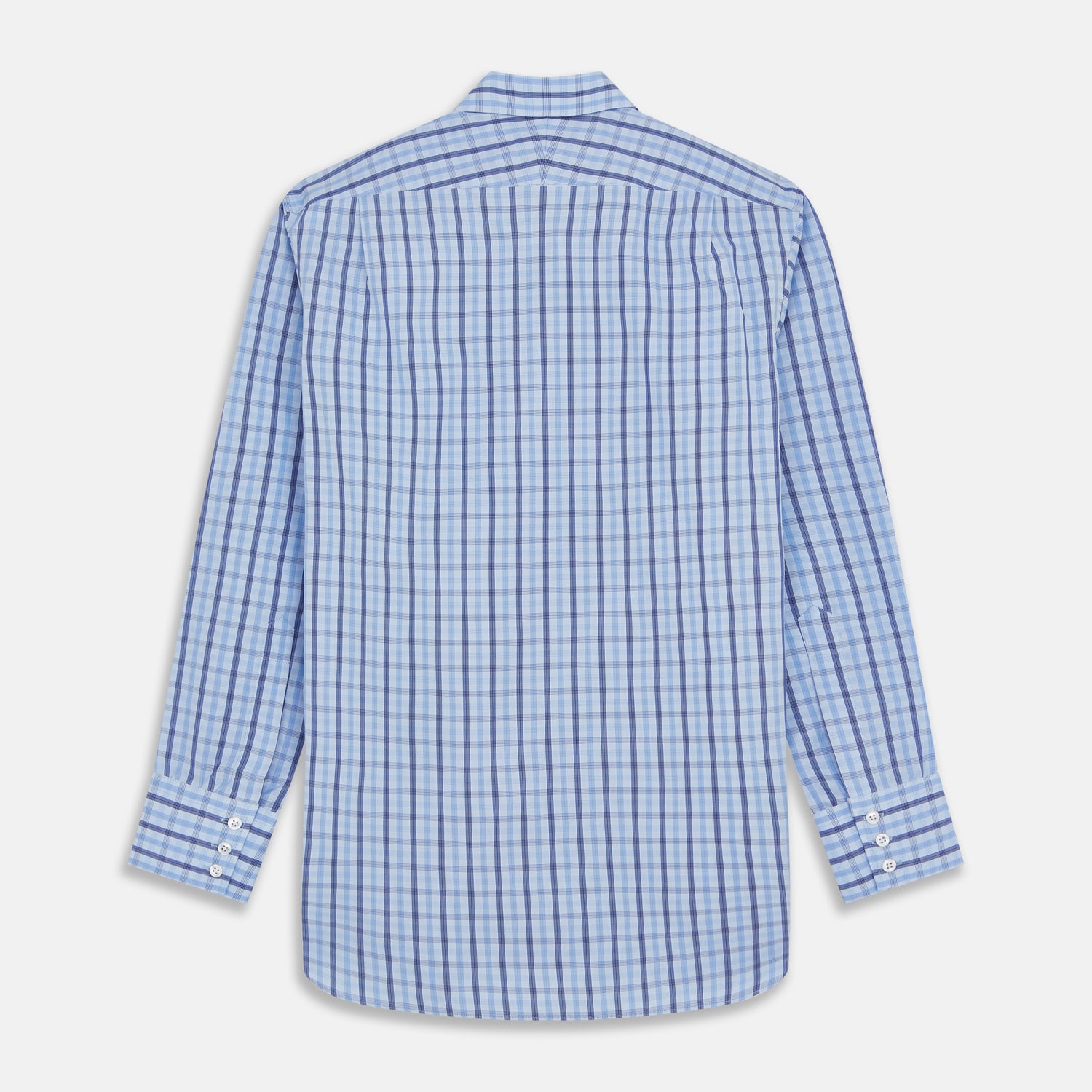 View 5 of product The Turnbull & Asser Light Blue and Navy Check Cotton Regular Fit Mayfair Shirt features a T&A collar and button-up long sleeves, displayed laid flat on a white background.