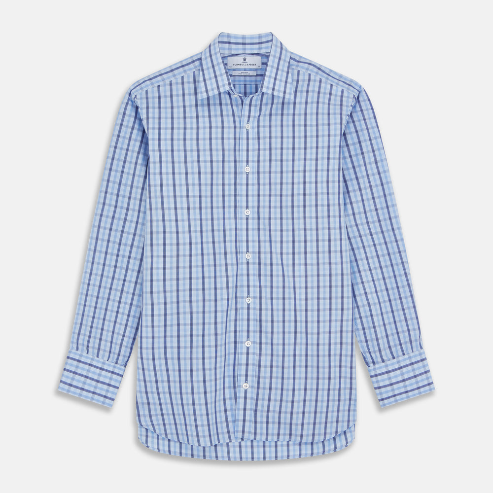 The Turnbull & Asser Light Blue and Navy Check Cotton Regular Fit Mayfair Shirt features a T&A collar and button-up long sleeves, displayed laid flat on a white background.