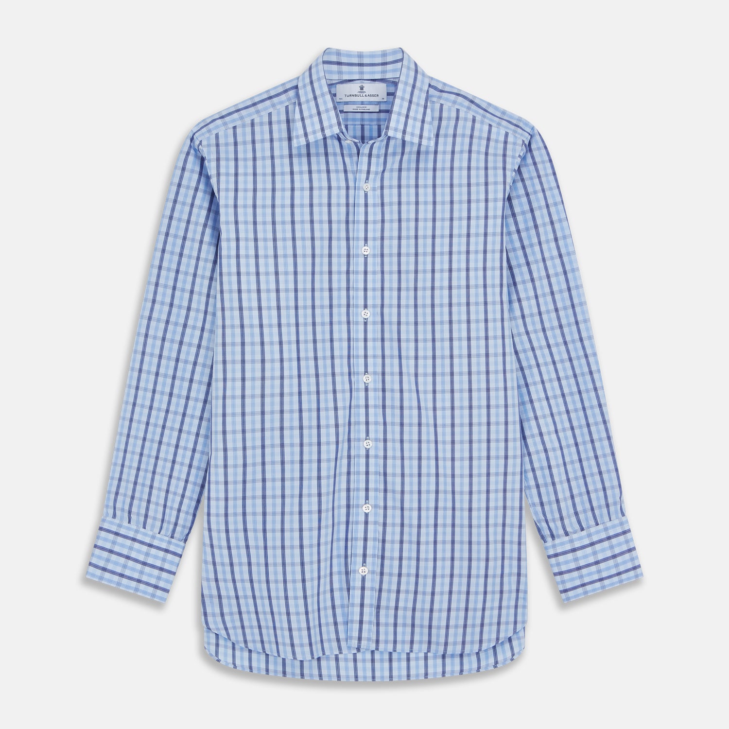 View 1 of product The Turnbull & Asser Light Blue and Navy Check Cotton Regular Fit Mayfair Shirt features a T&A collar and button-up long sleeves, displayed laid flat on a white background.