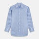 The Turnbull & Asser Light Blue and Navy Check Cotton Regular Fit Mayfair Shirt features a T&A collar and button-up long sleeves, displayed laid flat on a white background.