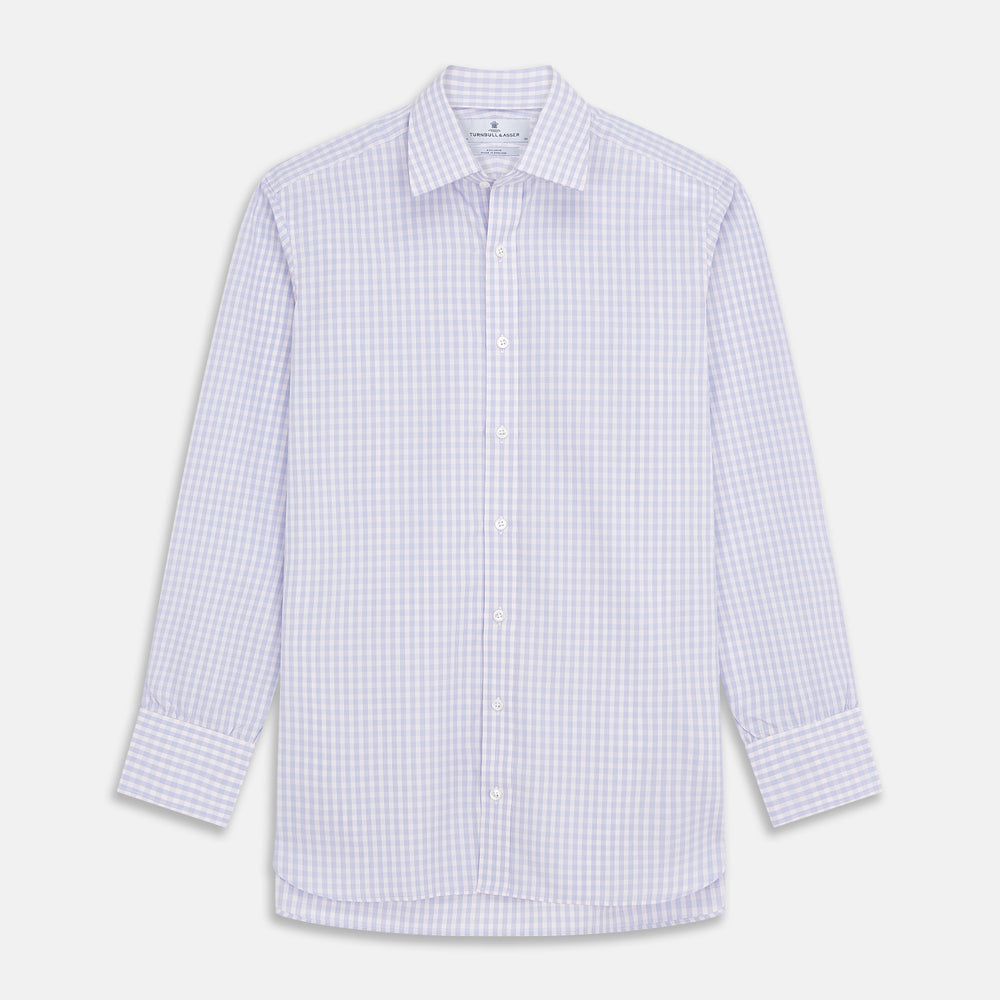The Turnbull & Asser Lilac Multi Check Cotton Regular Fit Mayfair Shirt features a classic T&A collar and button-up design, shown laid flat in a light purple gingham pattern.