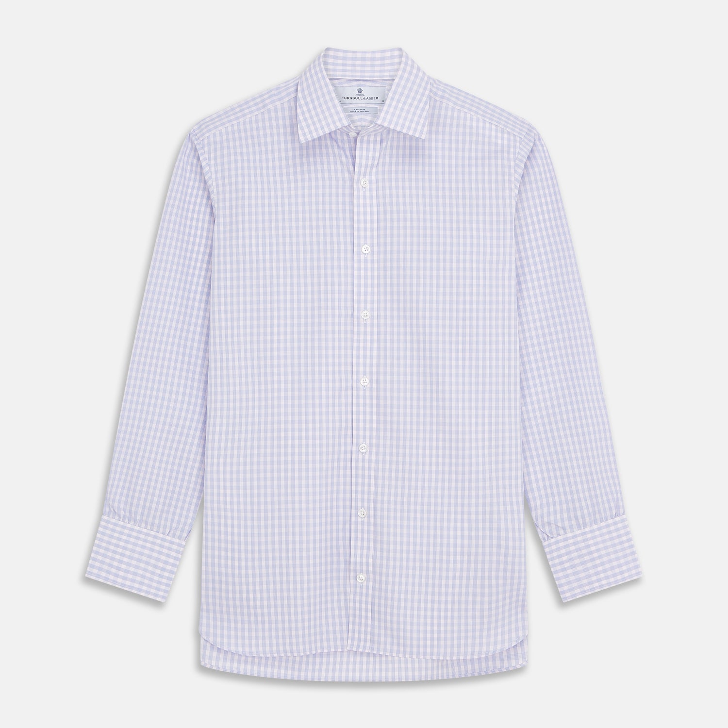 View 1 of product The Turnbull & Asser Lilac Multi Check Cotton Regular Fit Mayfair Shirt features a classic T&A collar and button-up design, shown laid flat in a light purple gingham pattern.