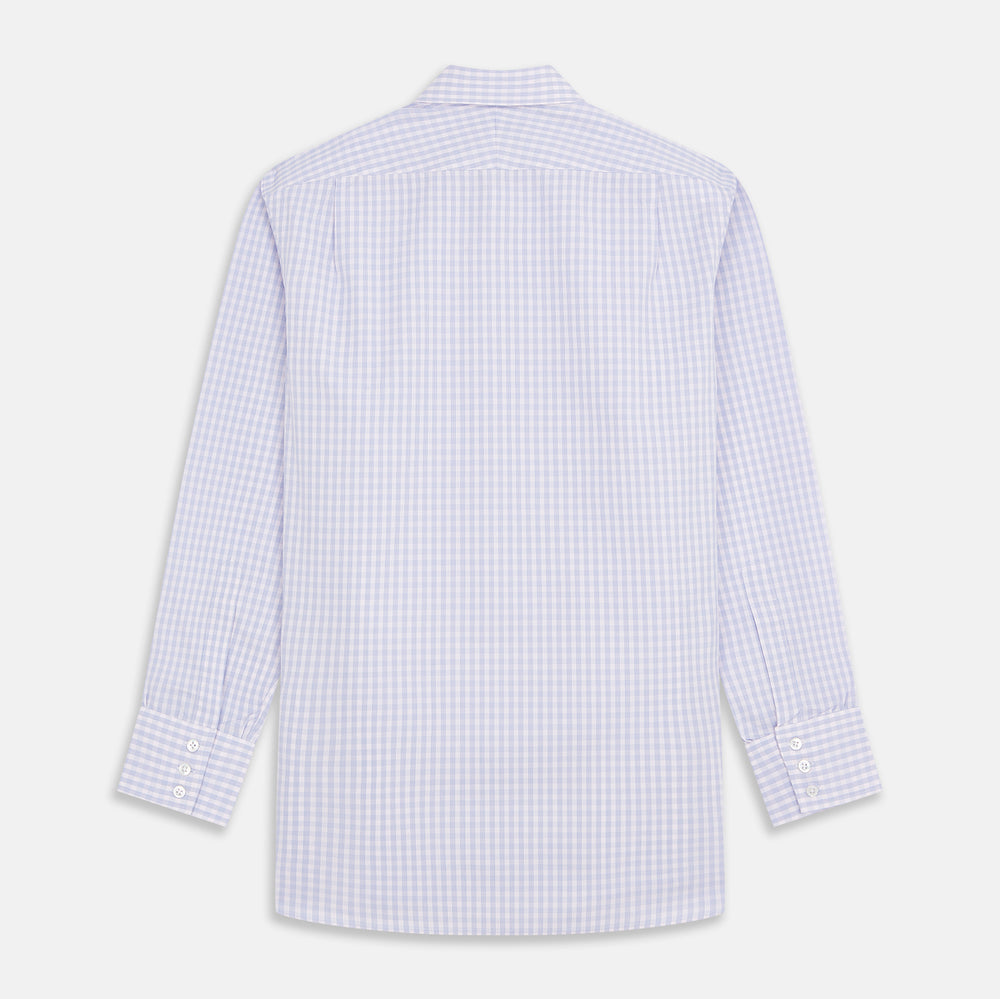 The Turnbull & Asser Lilac Multi Check Cotton Regular Fit Mayfair Shirt features a classic T&A collar and button-up design, shown laid flat in a light purple gingham pattern.