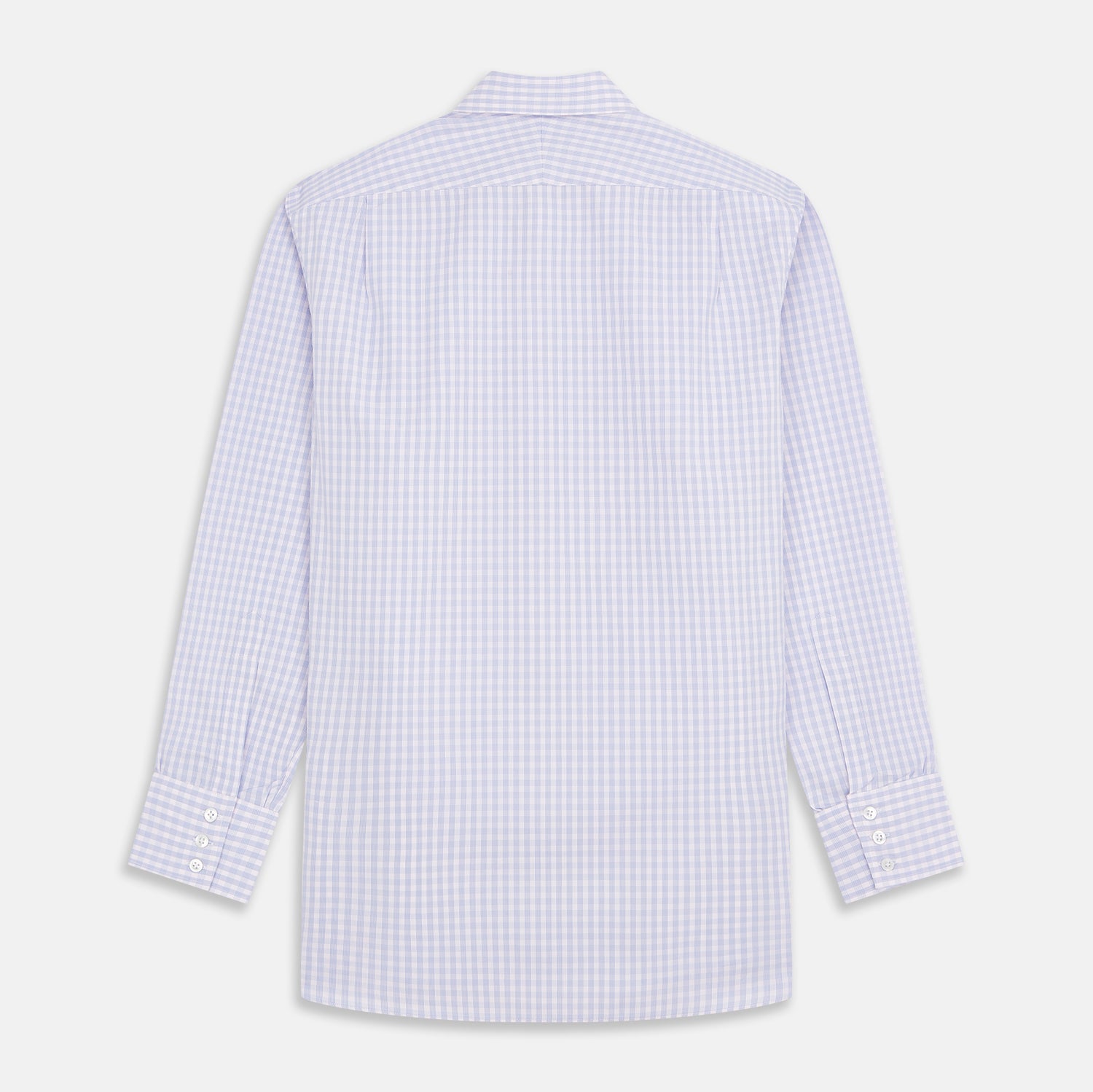 View 4 of product The Turnbull & Asser Lilac Multi Check Cotton Regular Fit Mayfair Shirt features a classic T&A collar and button-up design, shown laid flat in a light purple gingham pattern.