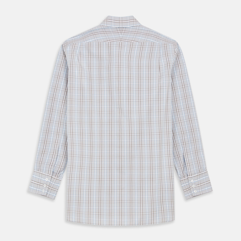 The Beige and Light Blue Check Cotton Regular Fit Mayfair Shirt by Turnbull & Asser features a classic plaid pattern, T&A collar, cuffed sleeves, and button-up front, shown laid flat on a white background.
