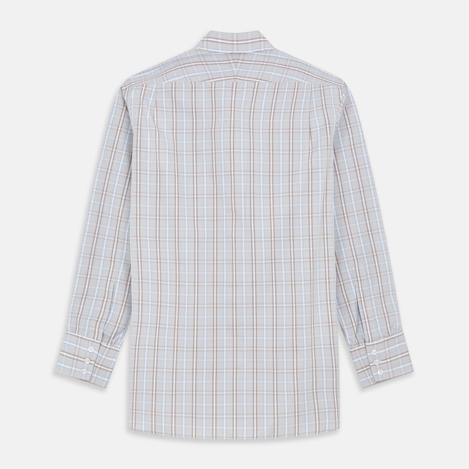 View 4 of product The Beige and Light Blue Check Cotton Regular Fit Mayfair Shirt by Turnbull & Asser features a classic plaid pattern, T&A collar, cuffed sleeves, and button-up front, shown laid flat on a white background.