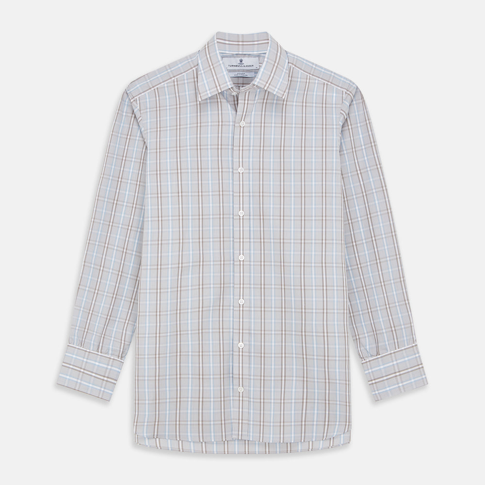 The Beige and Light Blue Check Cotton Regular Fit Mayfair Shirt by Turnbull & Asser features a classic plaid pattern, T&A collar, cuffed sleeves, and button-up front, shown laid flat on a white background.