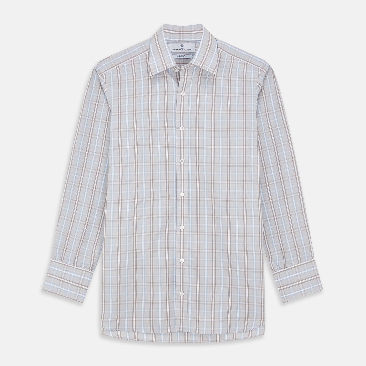 View 1 of product The Beige and Light Blue Check Cotton Regular Fit Mayfair Shirt by Turnbull & Asser features a classic plaid pattern, T&A collar, cuffed sleeves, and button-up front, shown laid flat on a white background.