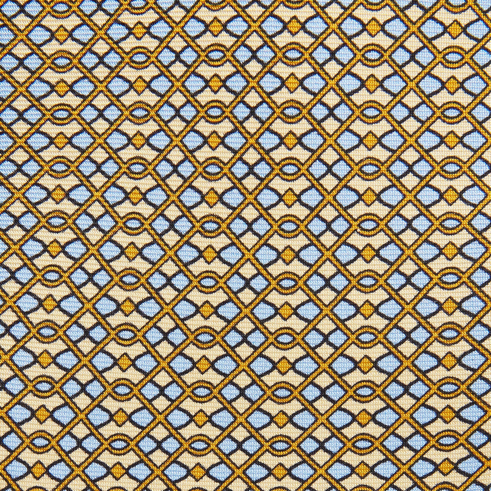 The Turnbull & Asser Yellow and Pale Blue Art Deco Silk Tie features interlocking yellow, blue, and black geometric shapes on white, adding a bold touch to any ensemble.