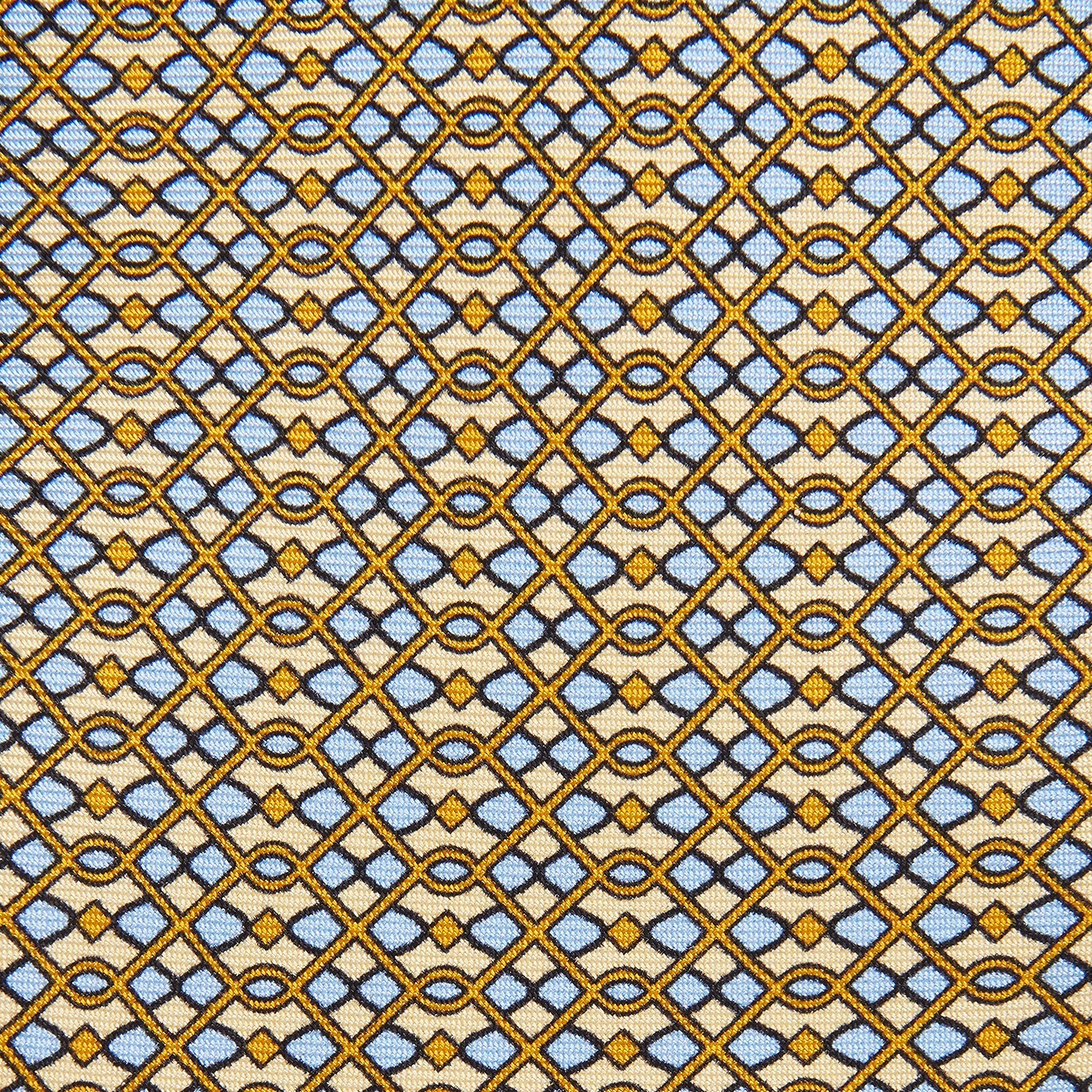 View 2 of product The Turnbull & Asser Yellow and Pale Blue Art Deco Silk Tie features interlocking yellow, blue, and black geometric shapes on white, adding a bold touch to any ensemble.