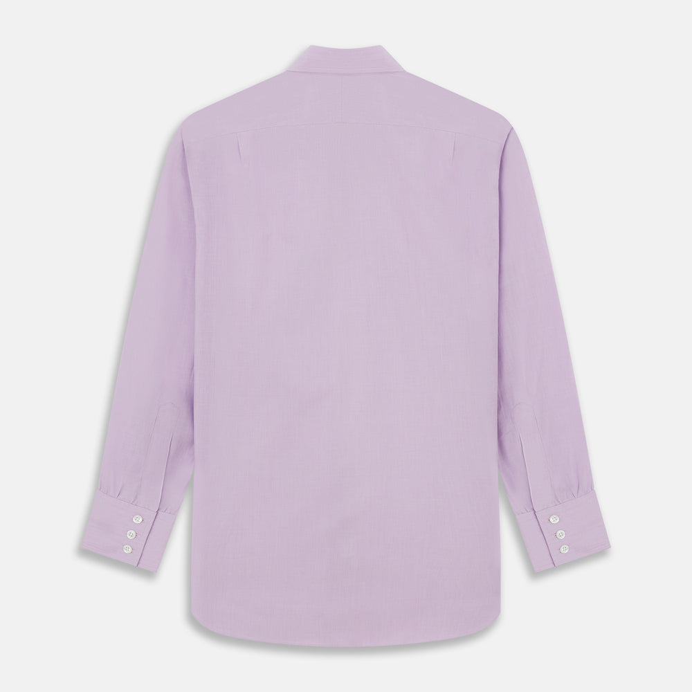 The Turnbull & Asser LILAC COTTON REGULAR FIT SHIRT is a long-sleeve, button-up cotton shirt with white buttons, a classic T&A collar, and cuffs, shown laid flat on a white background.