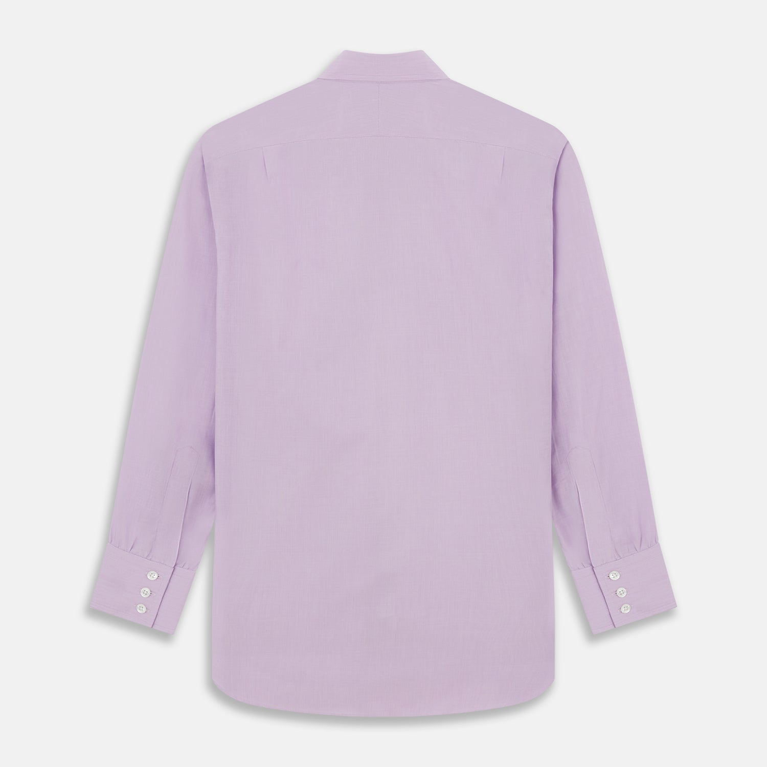 View 4 of product The Turnbull & Asser LILAC COTTON REGULAR FIT SHIRT is a long-sleeve, button-up cotton shirt with white buttons, a classic T&A collar, and cuffs, shown laid flat on a white background.