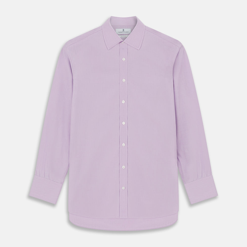 The Turnbull & Asser LILAC COTTON REGULAR FIT SHIRT is a long-sleeve, button-up cotton shirt with white buttons, a classic T&A collar, and cuffs, shown laid flat on a white background.