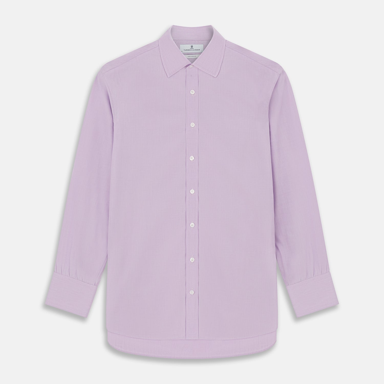 View 1 of product The Turnbull & Asser LILAC COTTON REGULAR FIT SHIRT is a long-sleeve, button-up cotton shirt with white buttons, a classic T&A collar, and cuffs, shown laid flat on a white background.