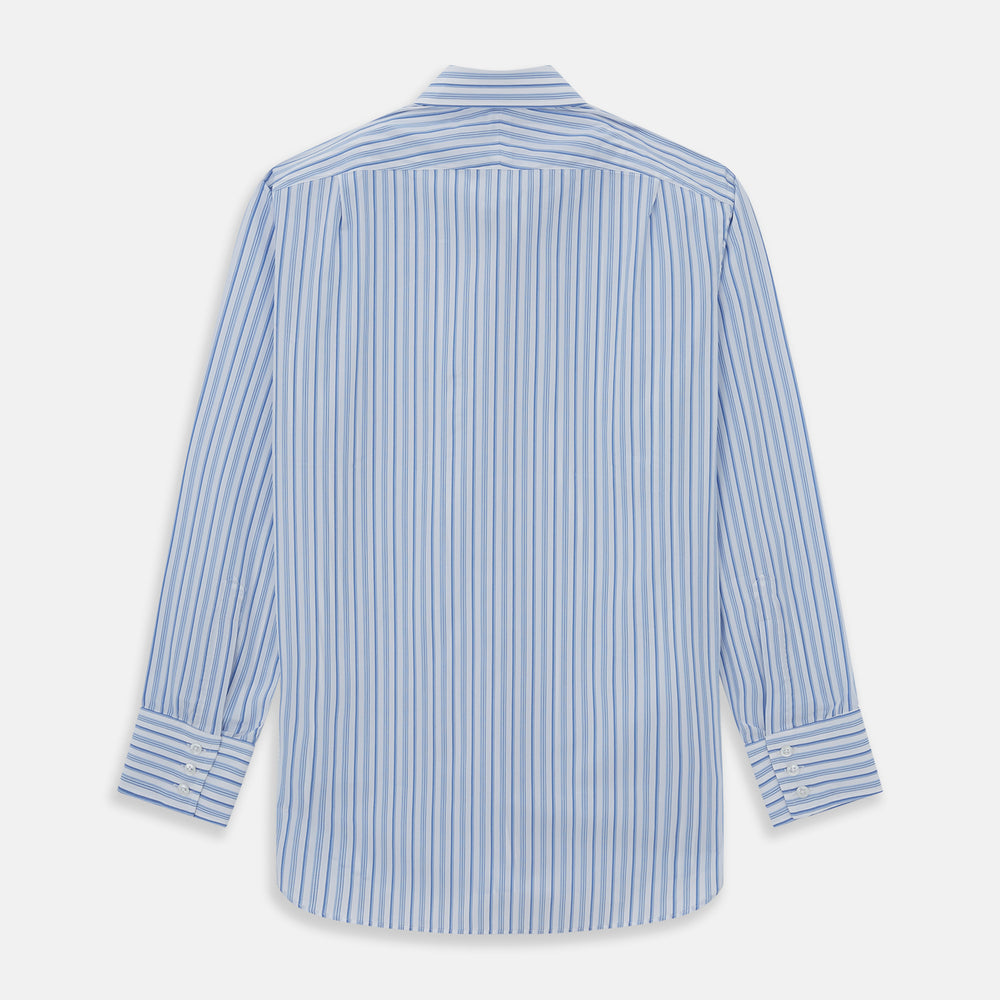 The Turnbull & Asser PALE BLUE MULTI-STRIPE REGULAR FIT SHIRT features a classic collar, buttoned cuffs, and vertical blue and white stripes, shown laid flat on a white background.