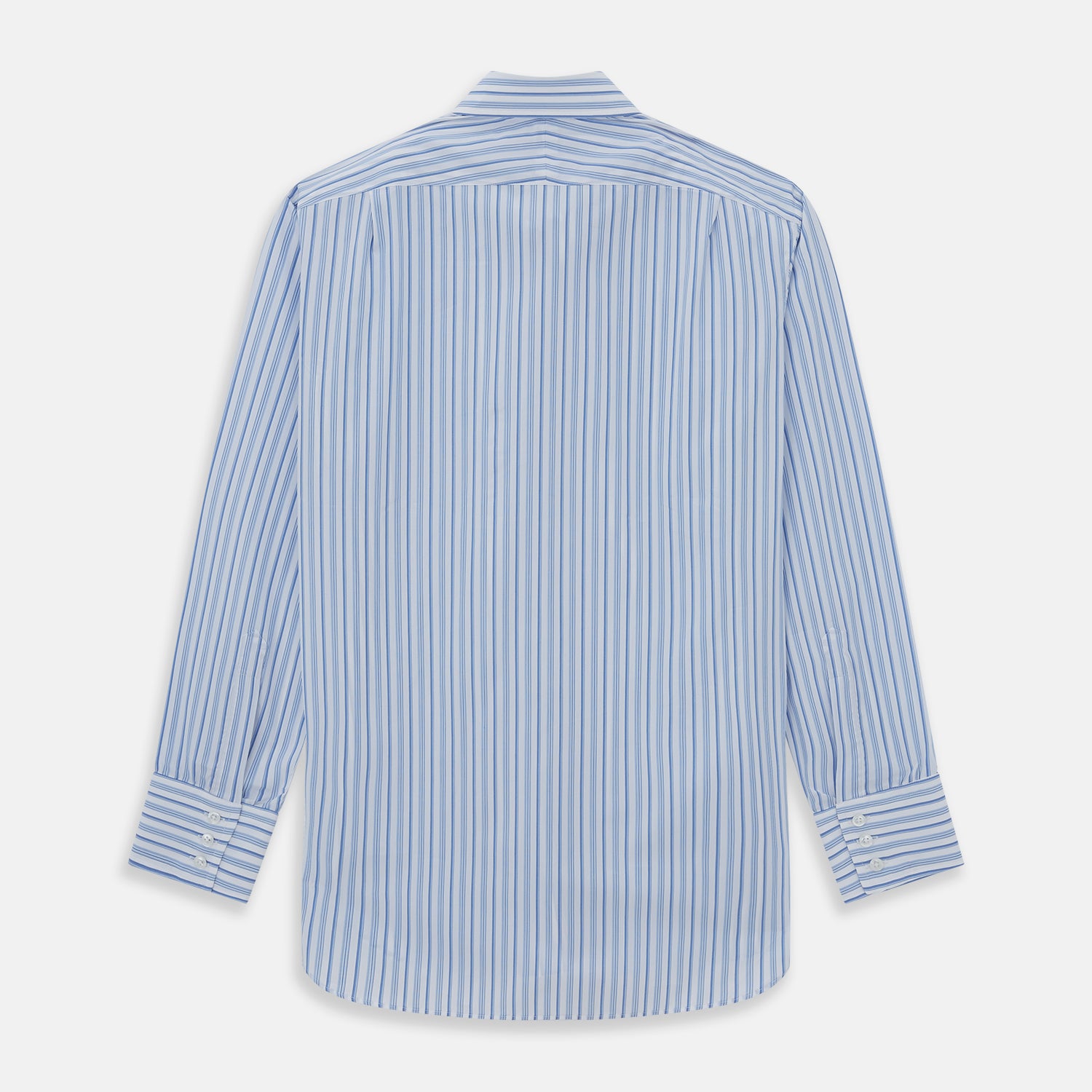 View 2 of product The Turnbull & Asser PALE BLUE MULTI-STRIPE REGULAR FIT SHIRT features a classic collar, buttoned cuffs, and vertical blue and white stripes, shown laid flat on a white background.