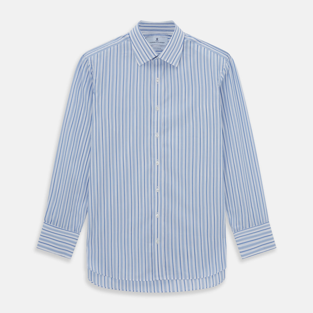 The Turnbull & Asser PALE BLUE MULTI-STRIPE REGULAR FIT SHIRT features a classic collar, buttoned cuffs, and vertical blue and white stripes, shown laid flat on a white background.