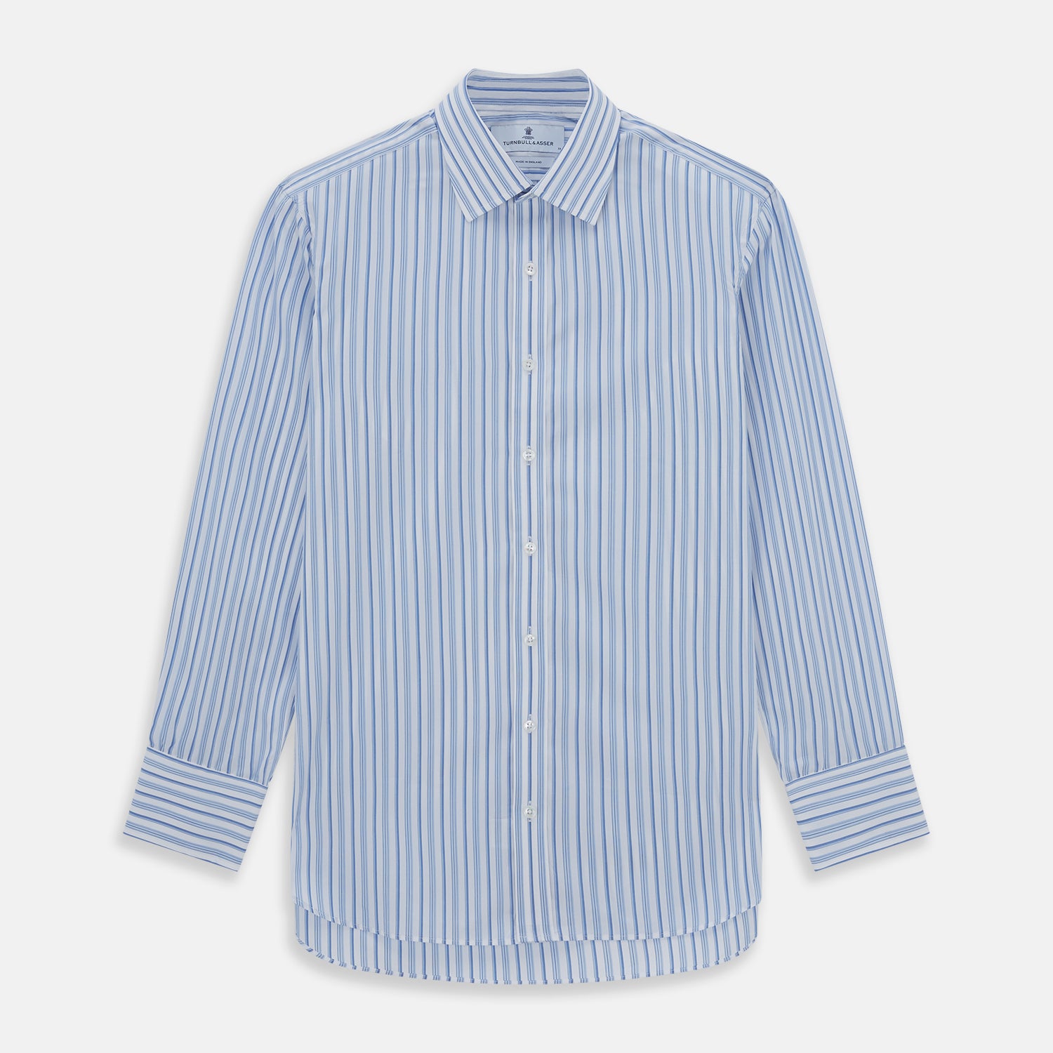 View 1 of product The Turnbull & Asser PALE BLUE MULTI-STRIPE REGULAR FIT SHIRT features a classic collar, buttoned cuffs, and vertical blue and white stripes, shown laid flat on a white background.