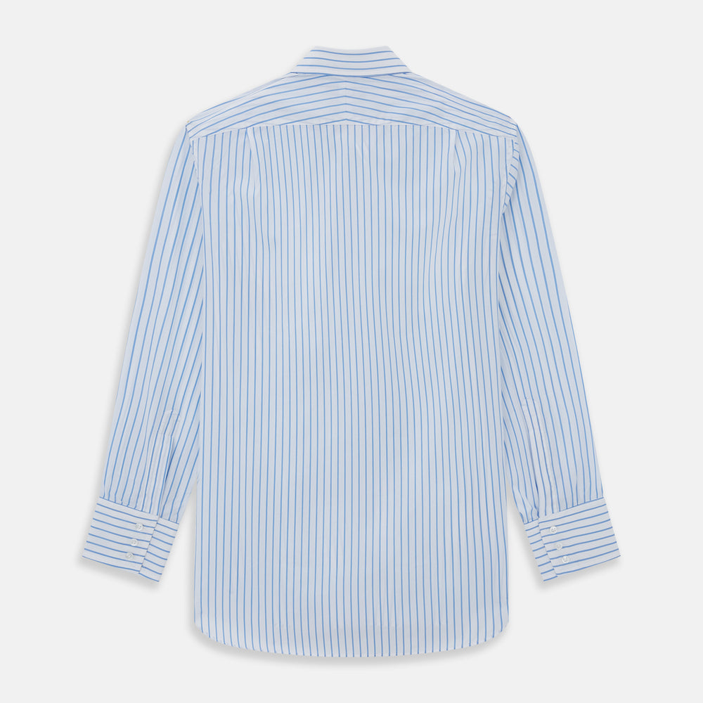 The Turnbull & Asser WHITE & BLUE STRIPE COTTON REGULAR FIT SHIRT features long sleeves, a collar, and vertical blue stripes, shown against a plain white background.