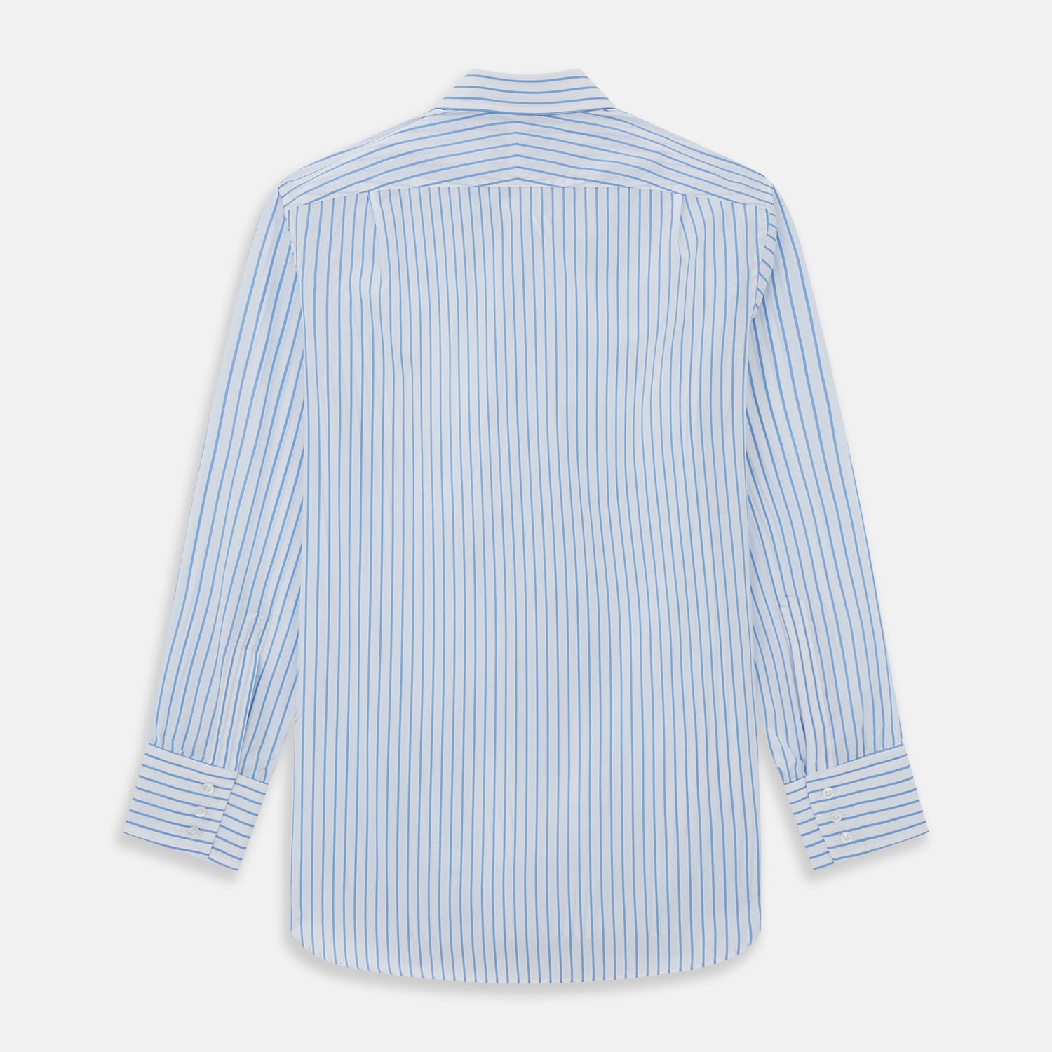 View 2 of product The Turnbull & Asser WHITE & BLUE STRIPE COTTON REGULAR FIT SHIRT features long sleeves, a collar, and vertical blue stripes, shown against a plain white background.