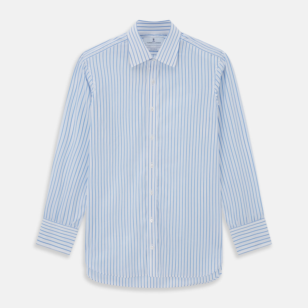The Turnbull & Asser WHITE & BLUE STRIPE COTTON REGULAR FIT SHIRT features long sleeves, a collar, and vertical blue stripes, shown against a plain white background.
