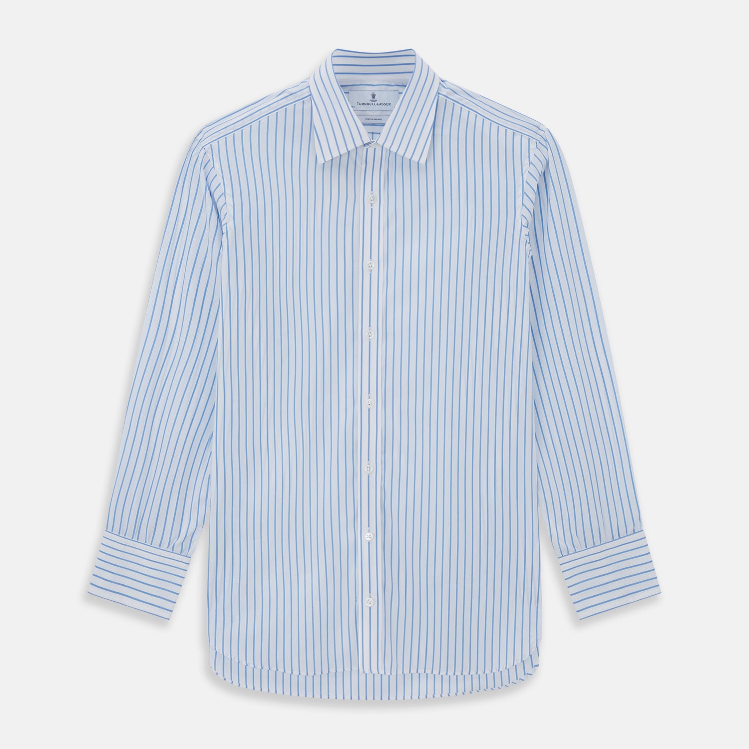 View 1 of product The Turnbull & Asser WHITE & BLUE STRIPE COTTON REGULAR FIT SHIRT features long sleeves, a collar, and vertical blue stripes, shown against a plain white background.