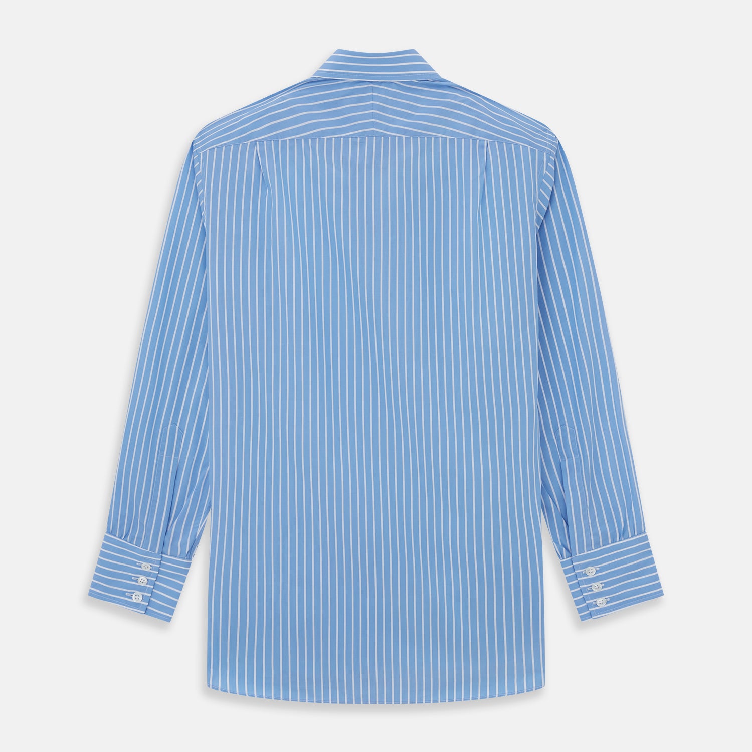 View 2 of product The Turnbull & Asser BLUE & WHITE STRIPE COTTON REGULAR FIT SHIRT features long sleeves, a pointed collar, and vertical white stripes on a light blue background, displayed against a plain white surface.
