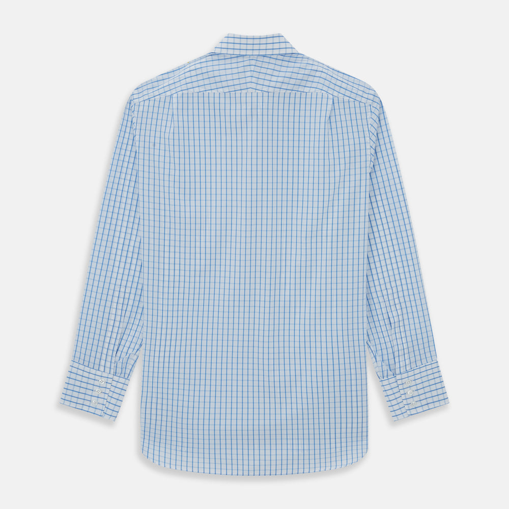 The Turnbull & Asser WHITE & BLUE CHECK COTTON REGULAR FIT SHIRT with long sleeves, a collar, and white buttons is laid flat on a white background, displaying its classic plaid pattern.
