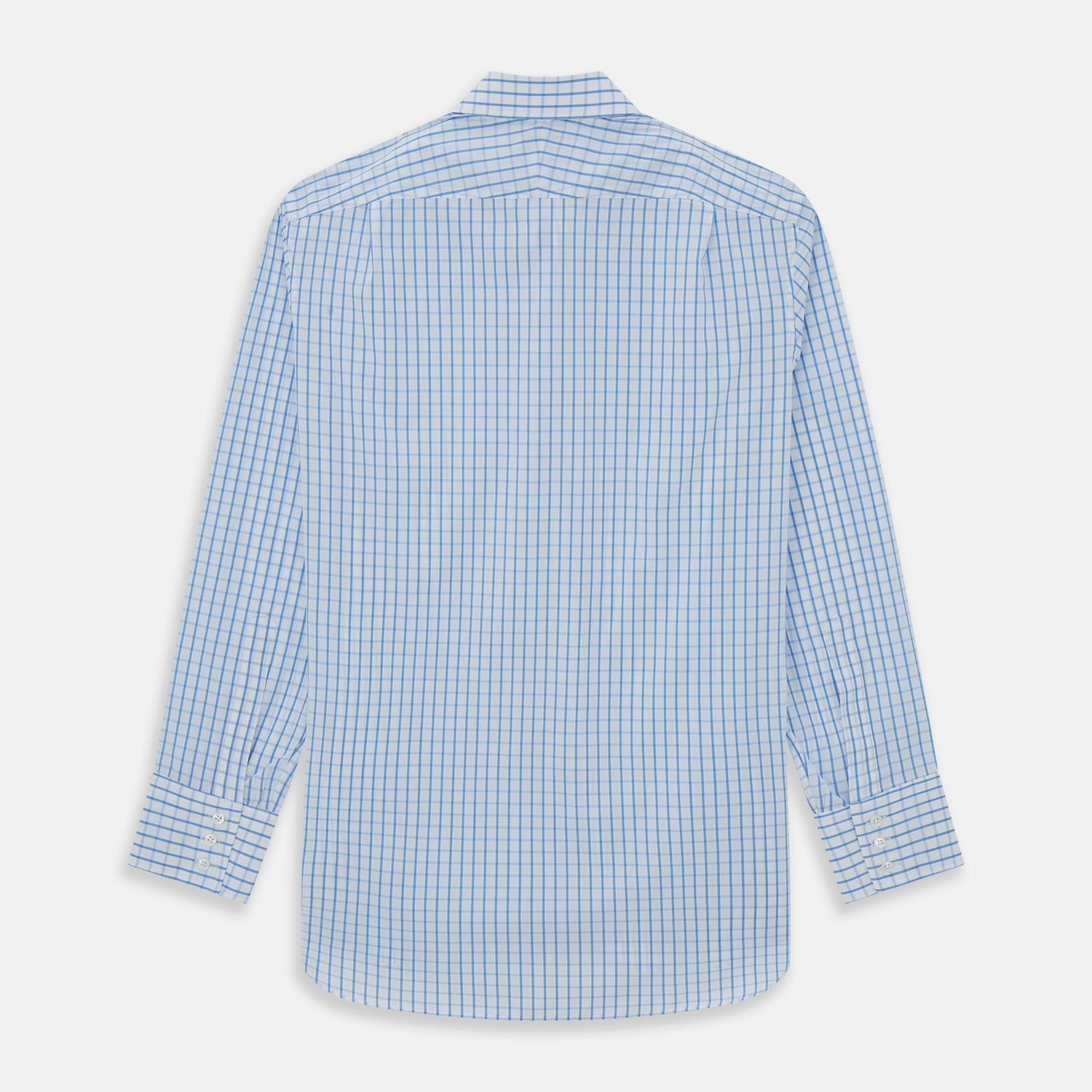 View 2 of product The Turnbull & Asser WHITE & BLUE CHECK COTTON REGULAR FIT SHIRT with long sleeves, a collar, and white buttons is laid flat on a white background, displaying its classic plaid pattern.