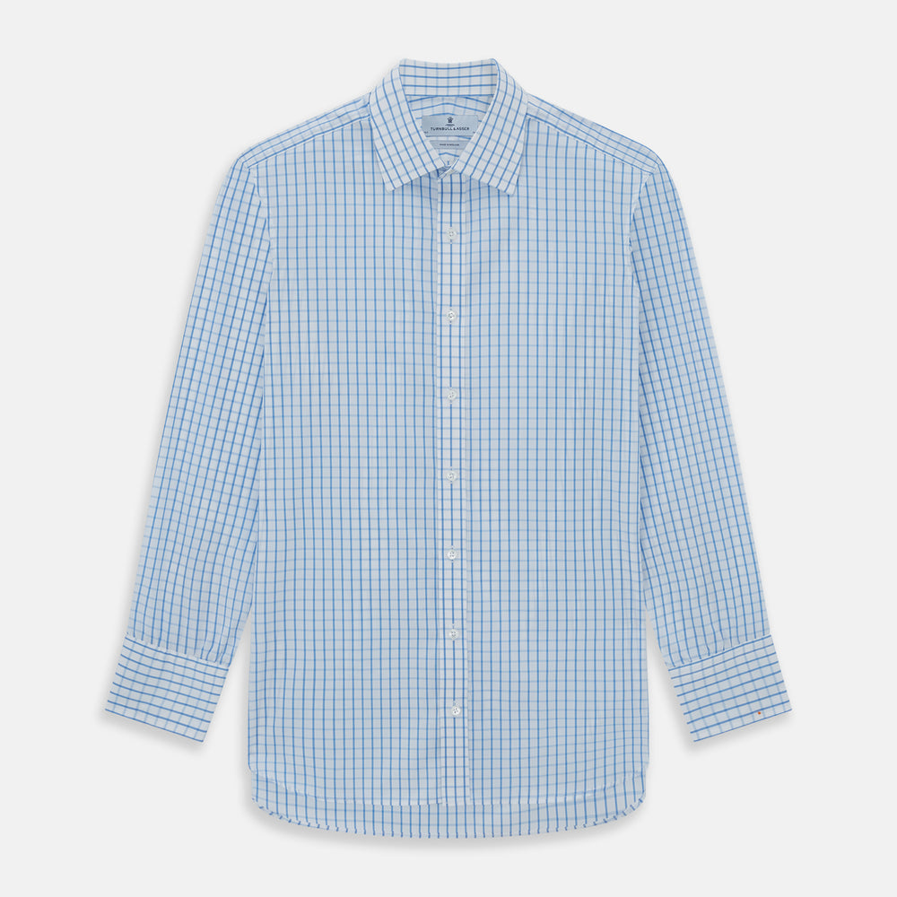 The Turnbull & Asser WHITE & BLUE CHECK COTTON REGULAR FIT SHIRT with long sleeves, a collar, and white buttons is laid flat on a white background, displaying its classic plaid pattern.