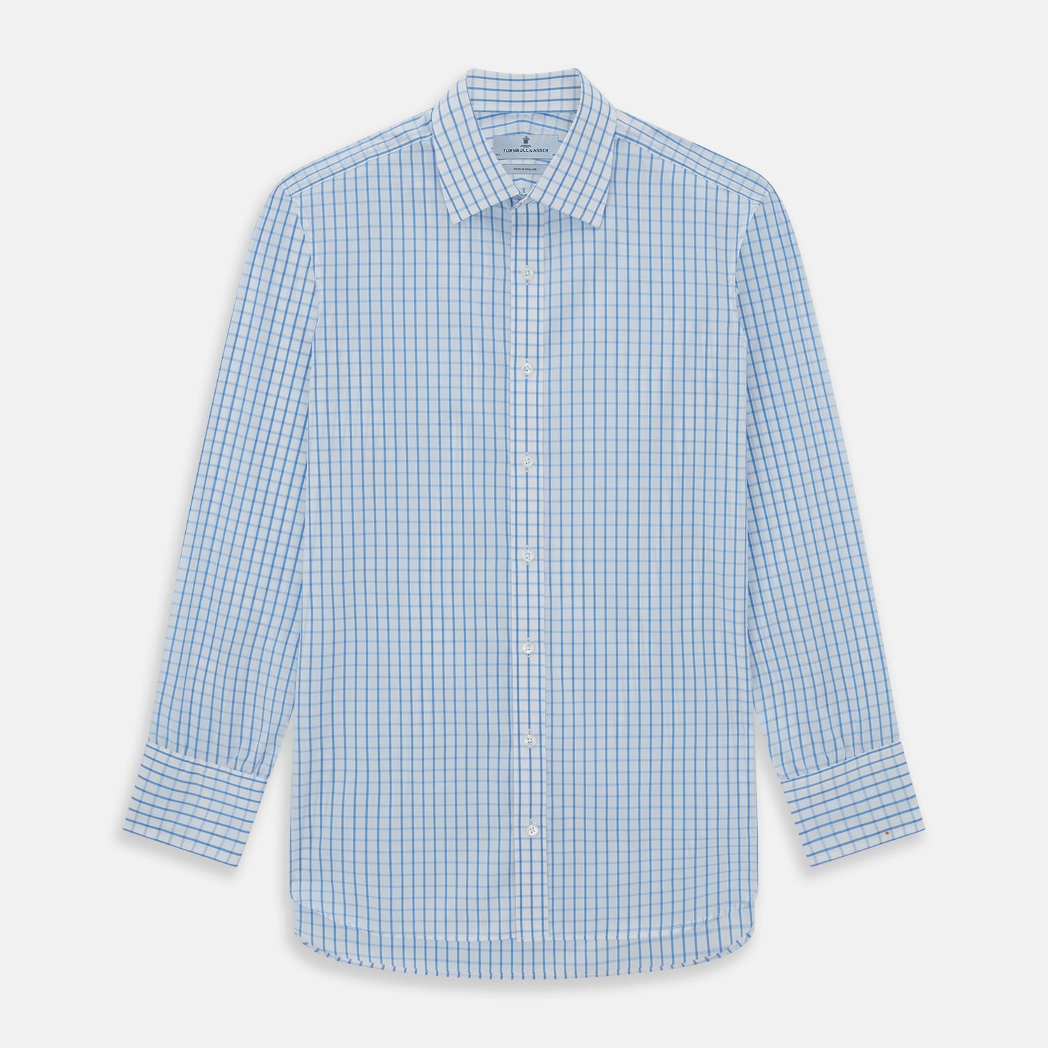 View 1 of product The Turnbull & Asser WHITE & BLUE CHECK COTTON REGULAR FIT SHIRT with long sleeves, a collar, and white buttons is laid flat on a white background, displaying its classic plaid pattern.
