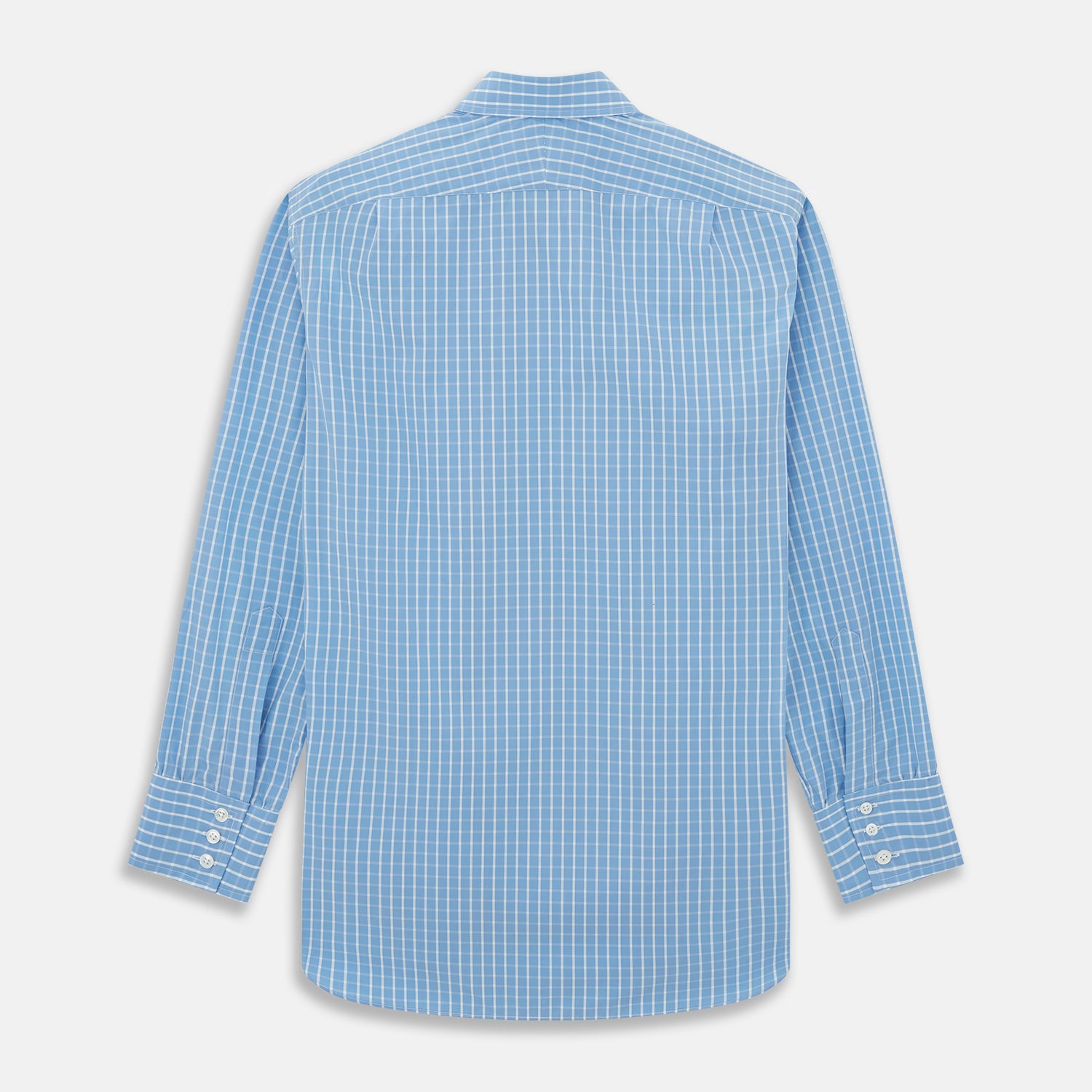 View 2 of product The Turnbull & Asser BLUE & WHITE CHECK COTTON REGULAR FIT SHIRT features long sleeves, a classic collar, white buttons, and a bold checkered pattern. Displayed on a white background.