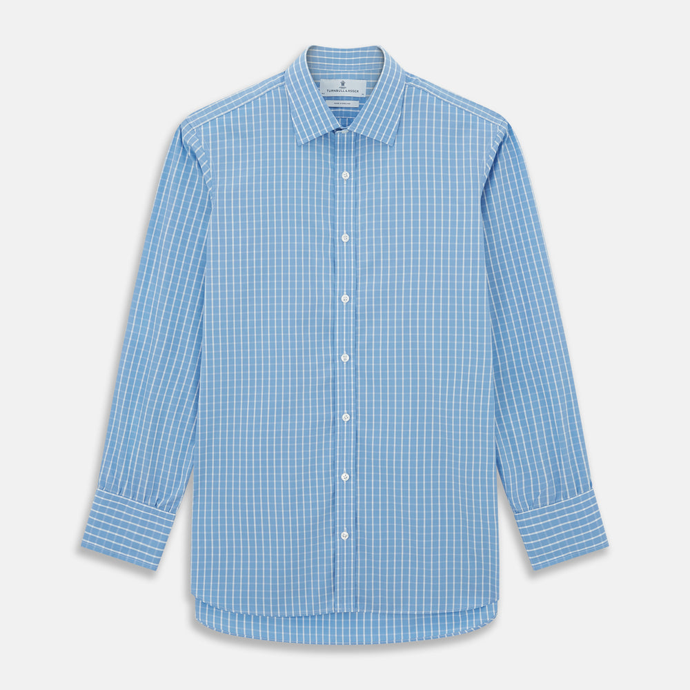 The Turnbull & Asser BLUE & WHITE CHECK COTTON REGULAR FIT SHIRT features long sleeves, a classic collar, white buttons, and a bold checkered pattern. Displayed on a white background.