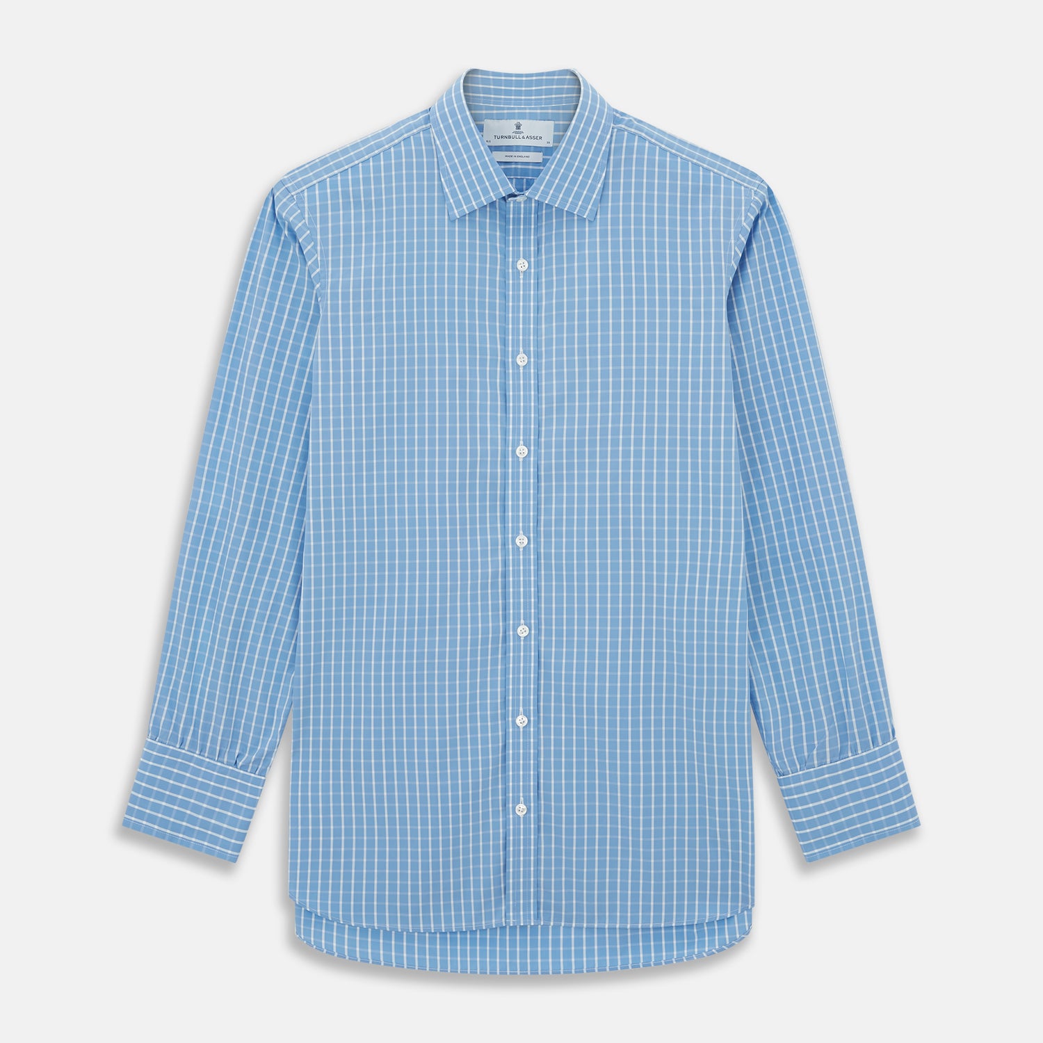 View 1 of product The Turnbull & Asser BLUE & WHITE CHECK COTTON REGULAR FIT SHIRT features long sleeves, a classic collar, white buttons, and a bold checkered pattern. Displayed on a white background.
